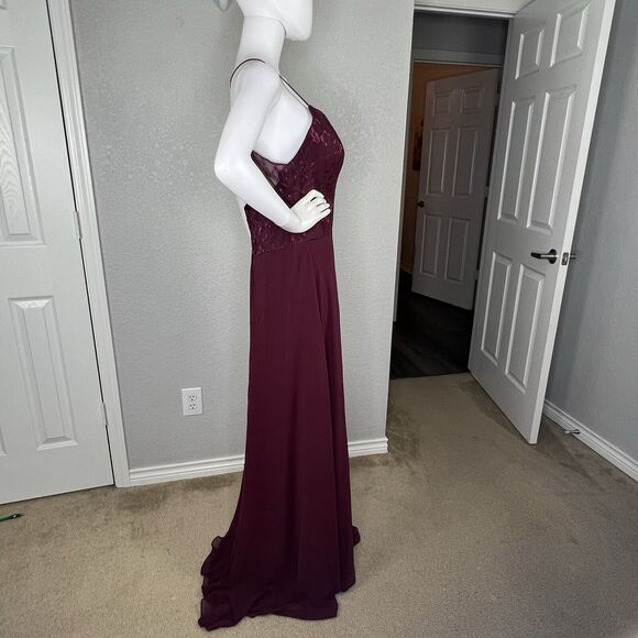 MORI LEE MADELINE GARDNER Size 12 Gown Maxi Dress Lace Chiffon Strappy Burgundy - Picture 9 of 10